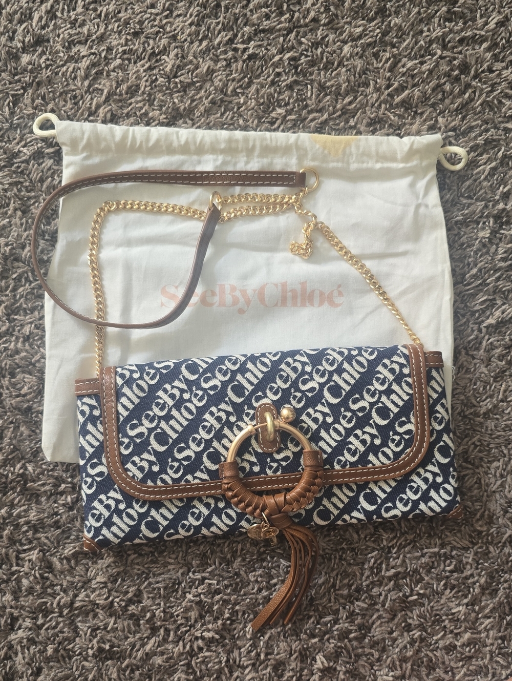 See By Chloé Navy Logo Canvas Crossbody with Brown Leather Trim